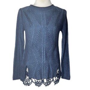 OST Blue Crew Neck Long Sleeve Sweater with Lace Accent Size Small